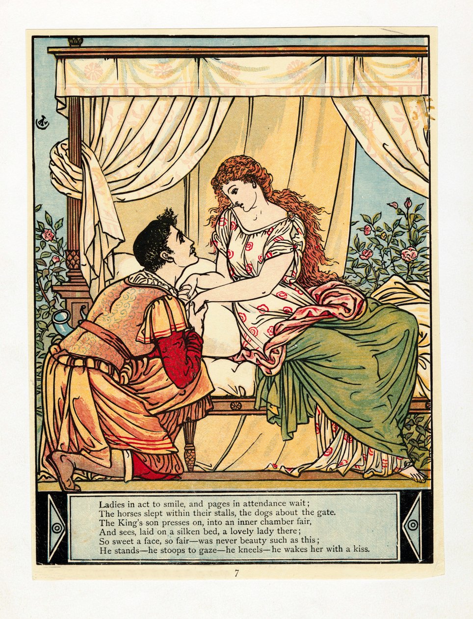 Prinsen vekker skjønnheten, fra The Blue Beard Picture Book, pub. 1879 fargelitografi, 1879. av Walter Crane