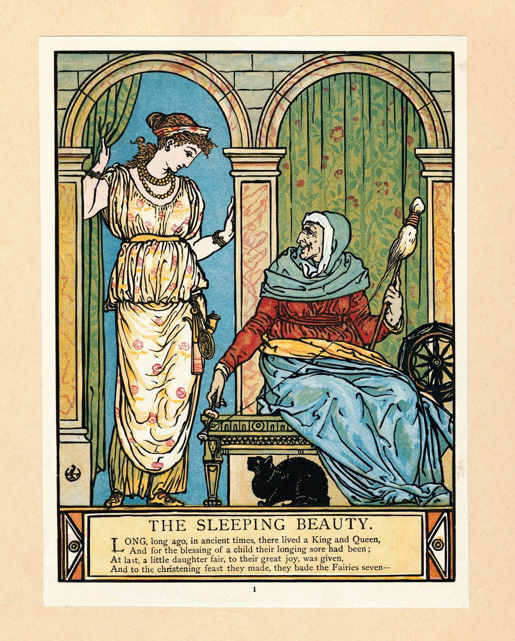 Prinsessen lærer å spinne, fra The Blue Beard Picture Book, pub. 1879 fargelitografi, 1879. av Walter Crane