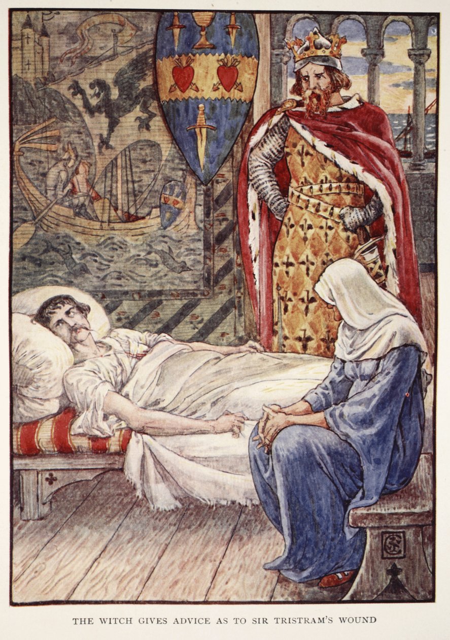 Heksen gir råd om Sir Tristrams sår, fra 'Stories of the Knights of the Round Table' av Henry Gilbert, første utgave, 1911 av Walter Crane