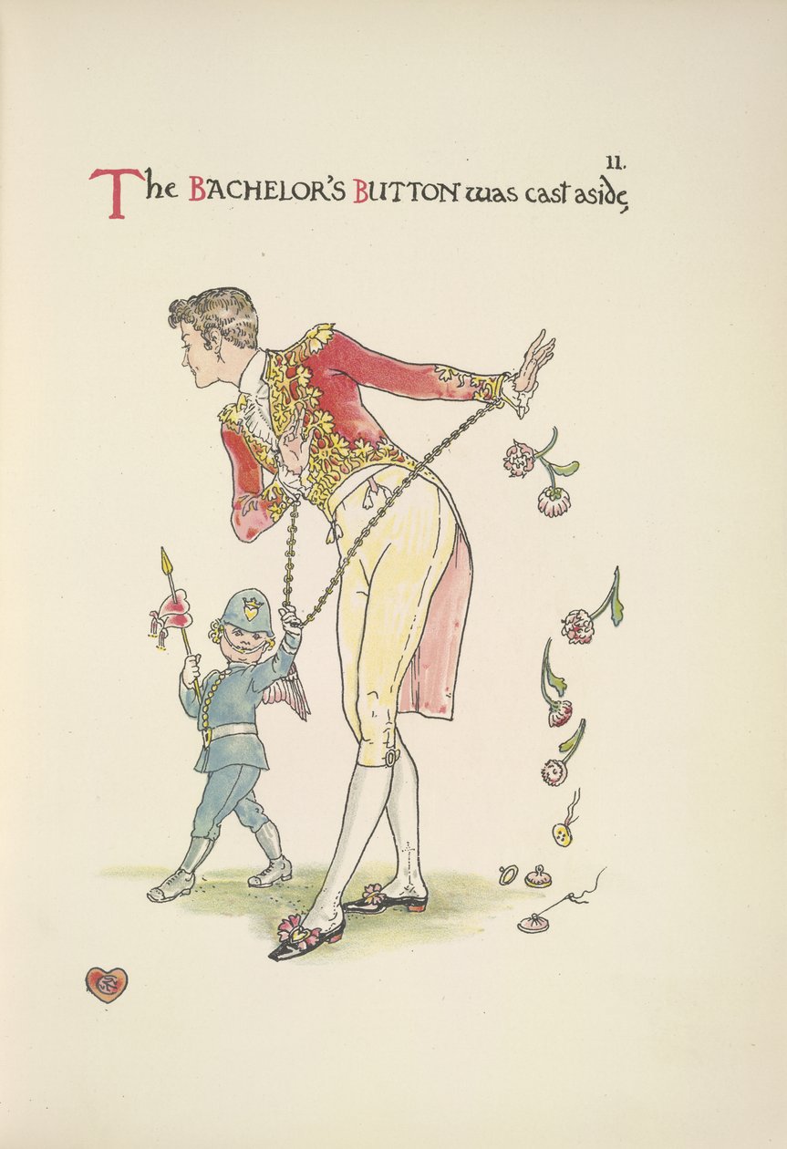 Batchelor-knappen. En ung mann lenket i mansjettene; Amor leder ham med av Walter Crane