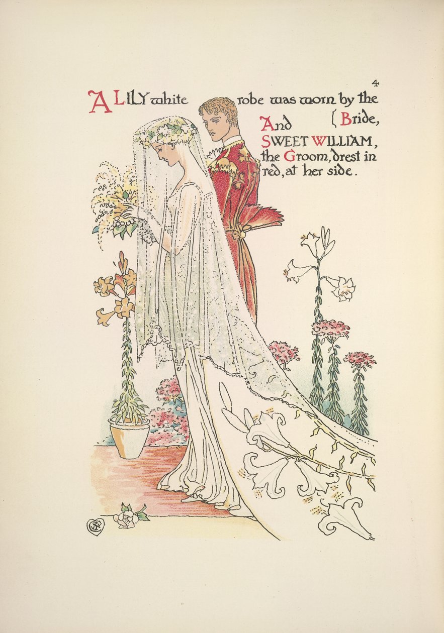 Bruden og brudgommen. En liljehvit kappe båret av bruden, og søte William, brudgommen, kledd i rødt av Walter Crane