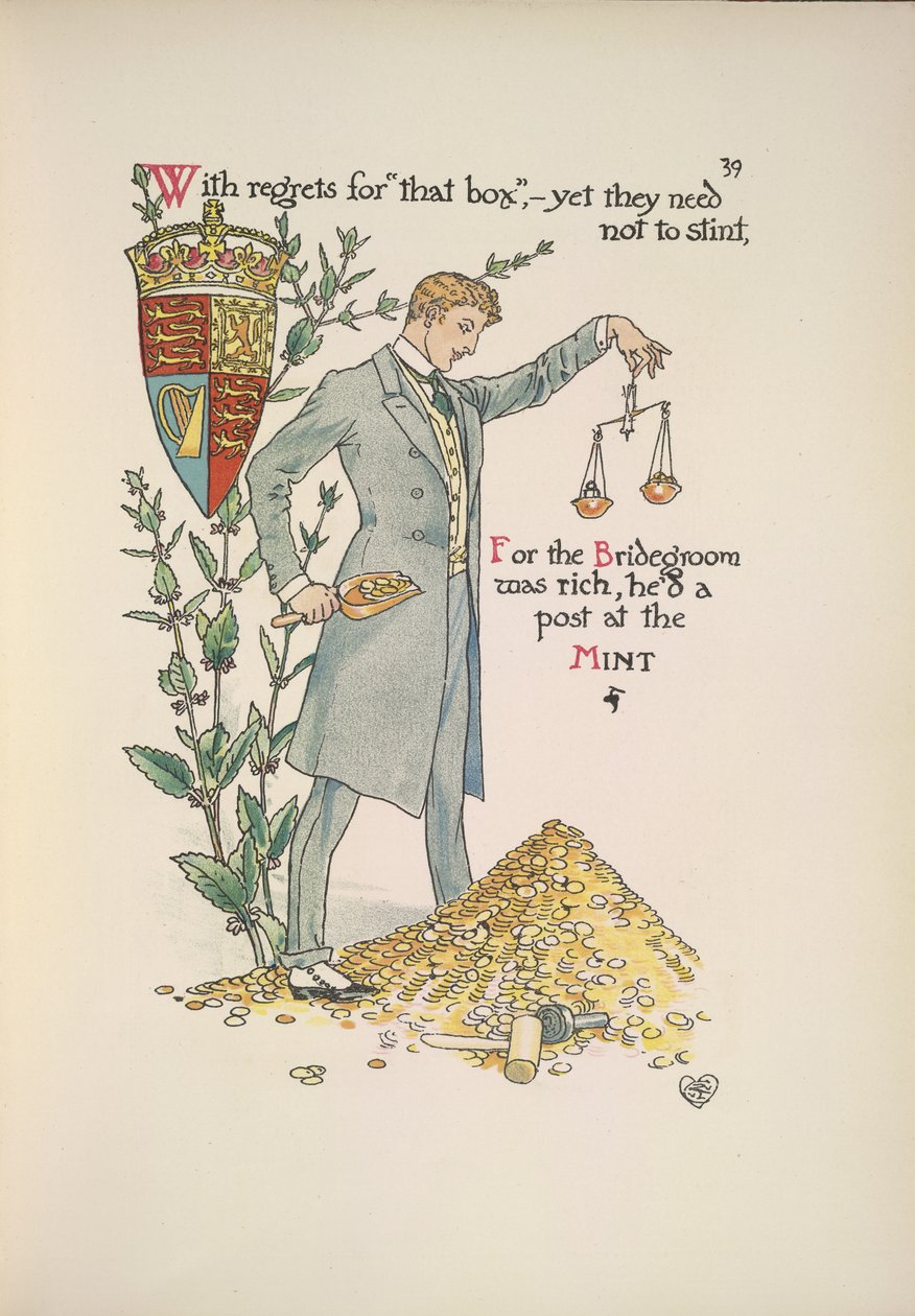Brudgommen holder en vekt som måler rikdommen hans av Walter Crane