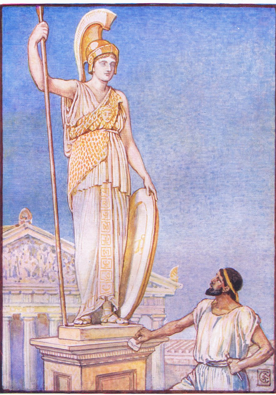 Gudinnens figur var kolossal, illustrasjon fra The Story of Greece, 1930-tallet av Walter Crane