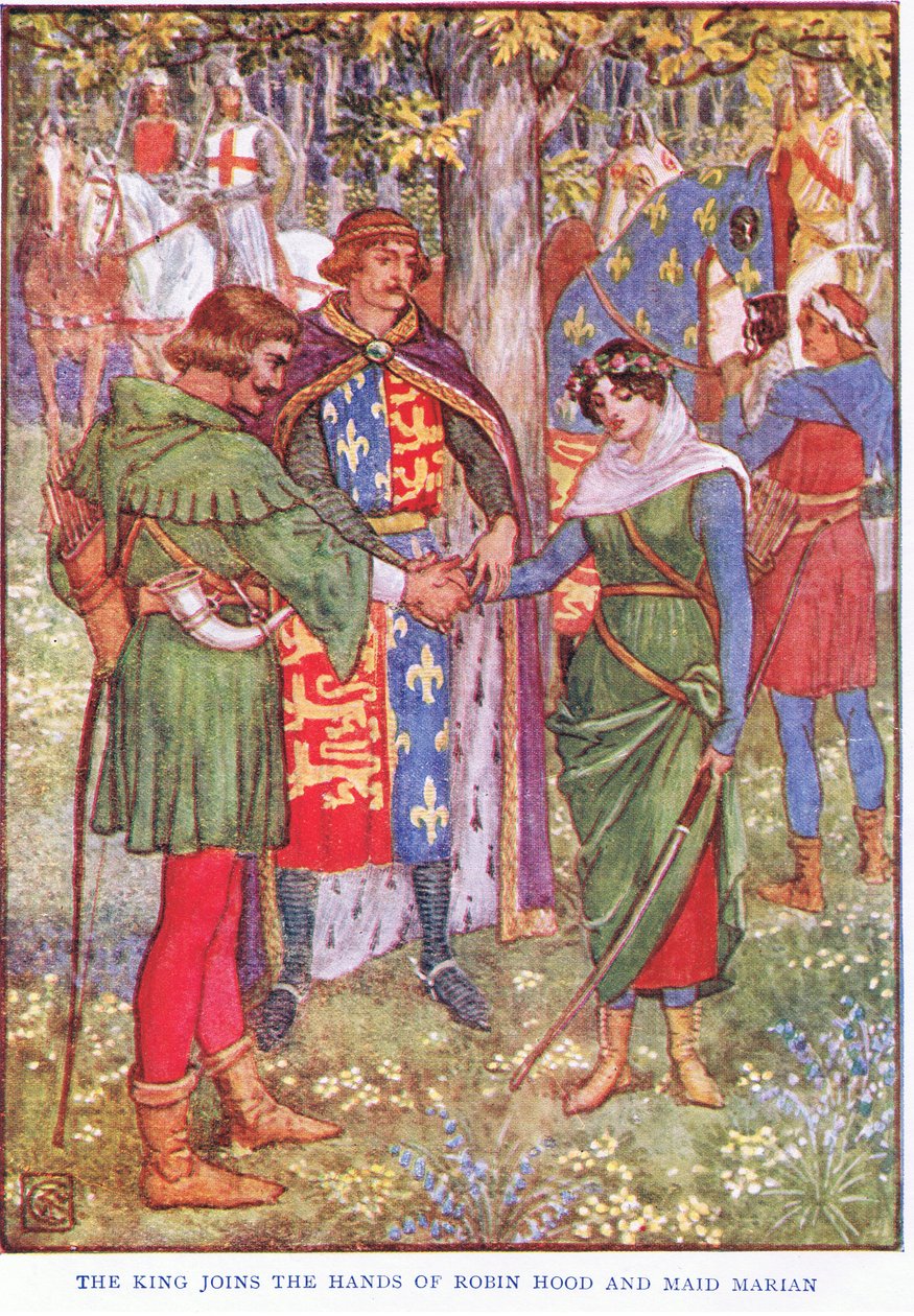 Kongen slutter seg til Robin Hood og Maid Marian, ca. 1920 av Walter Crane