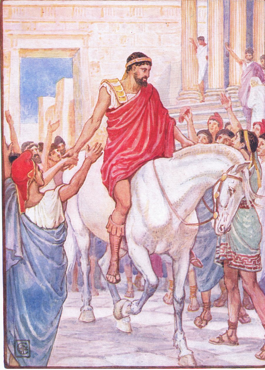 Folkemengden hilste ham med høye akklamasjoner, illustrasjon fra The Story of Greece, 1930-tallet av Walter Crane