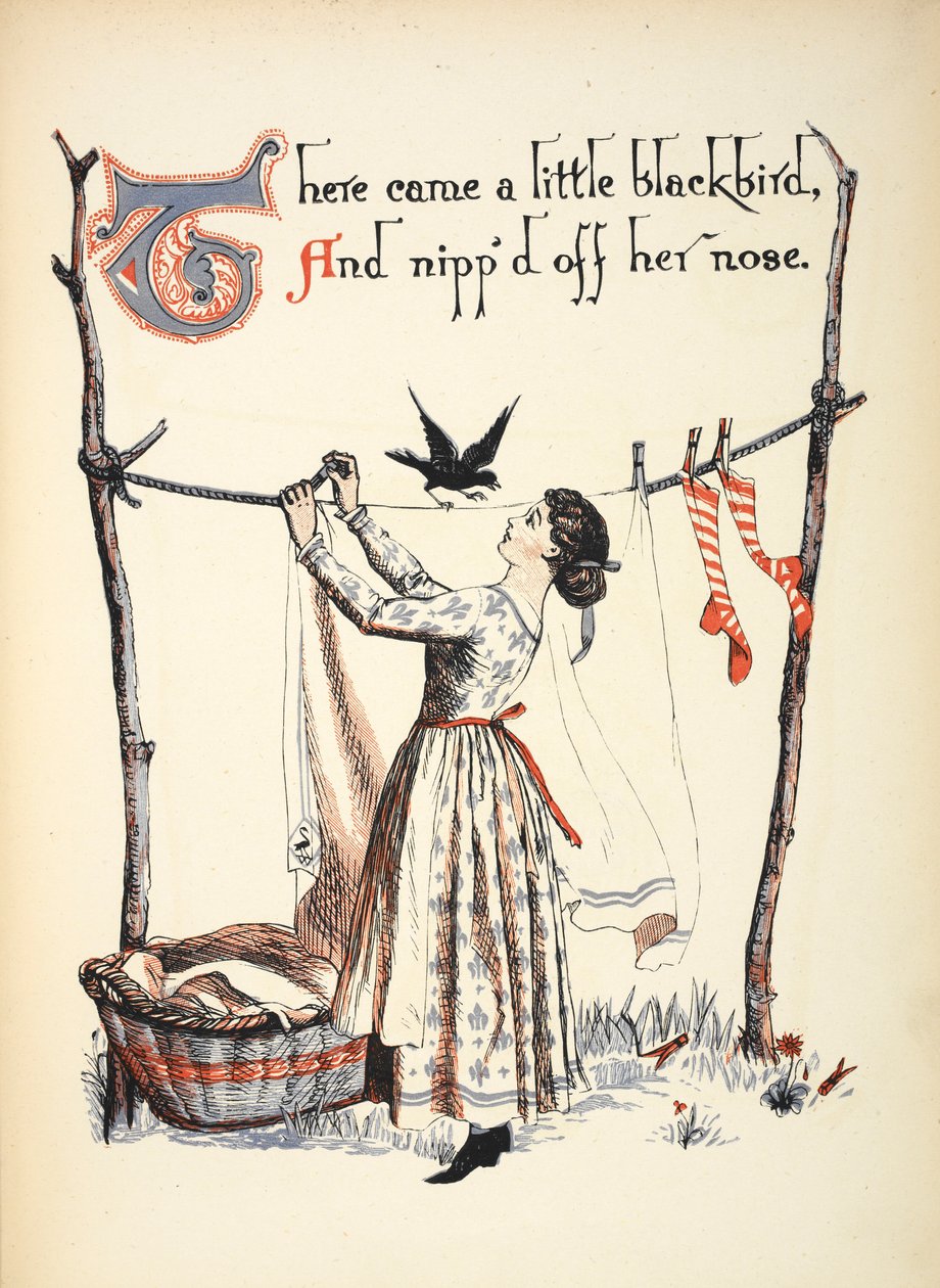 Det kom en liten svarttrost, og nappet av nesen hennes. av Walter Crane