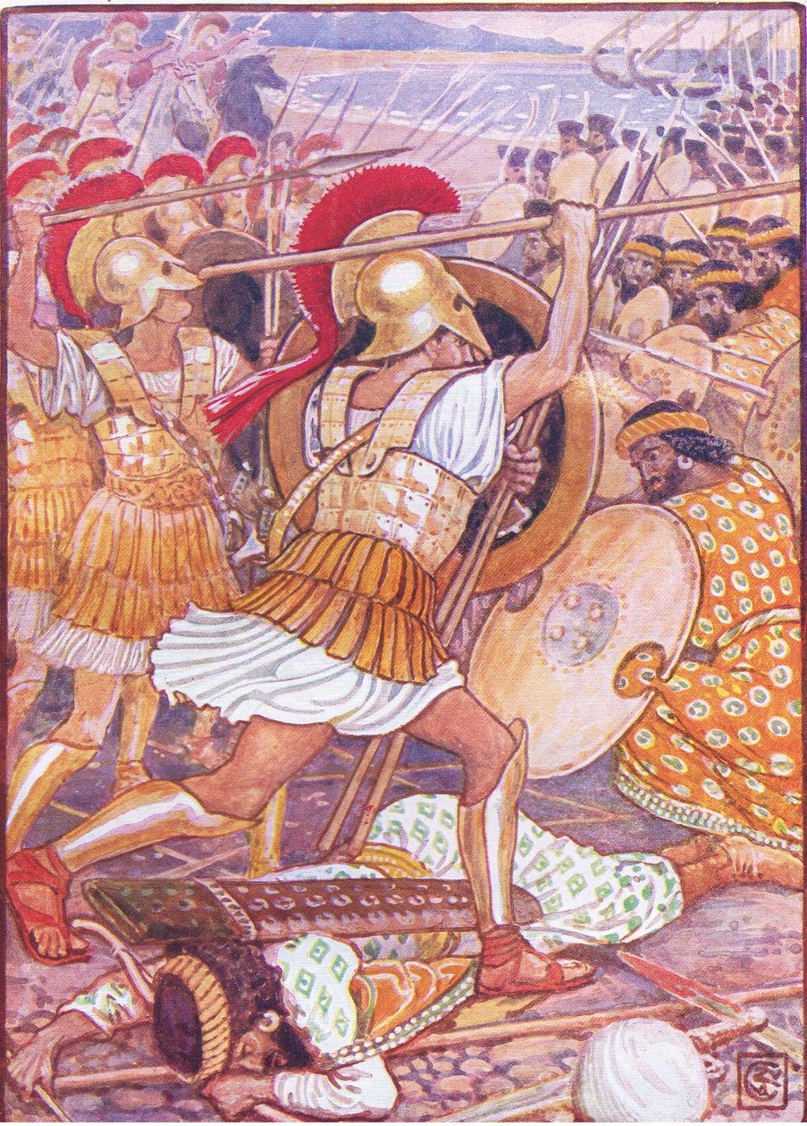 De krasjet inn i den persiske hæren med enorm kraft, illustrasjon fra The Story of Greece, 1930-tallet av Walter Crane