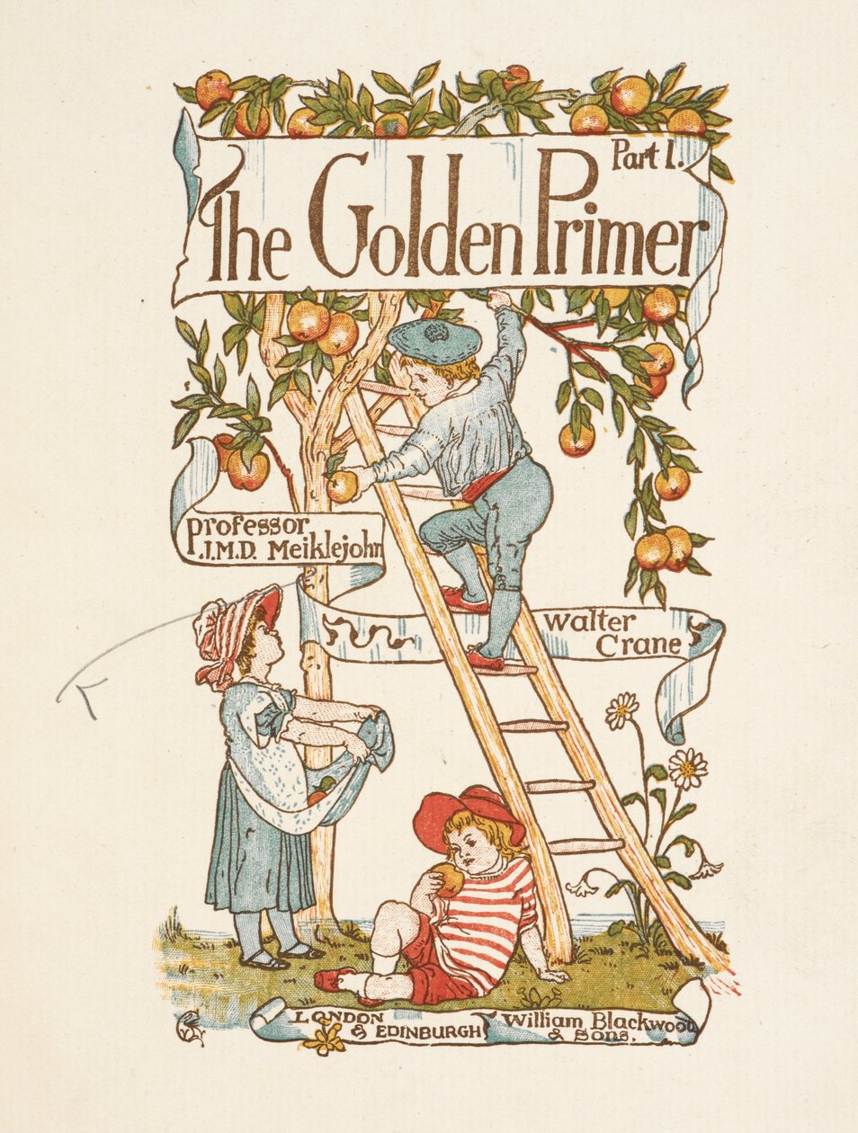 Tittelside for Golden primer. Et barn står på en stige og plukker epler fra et tre. av Walter Crane