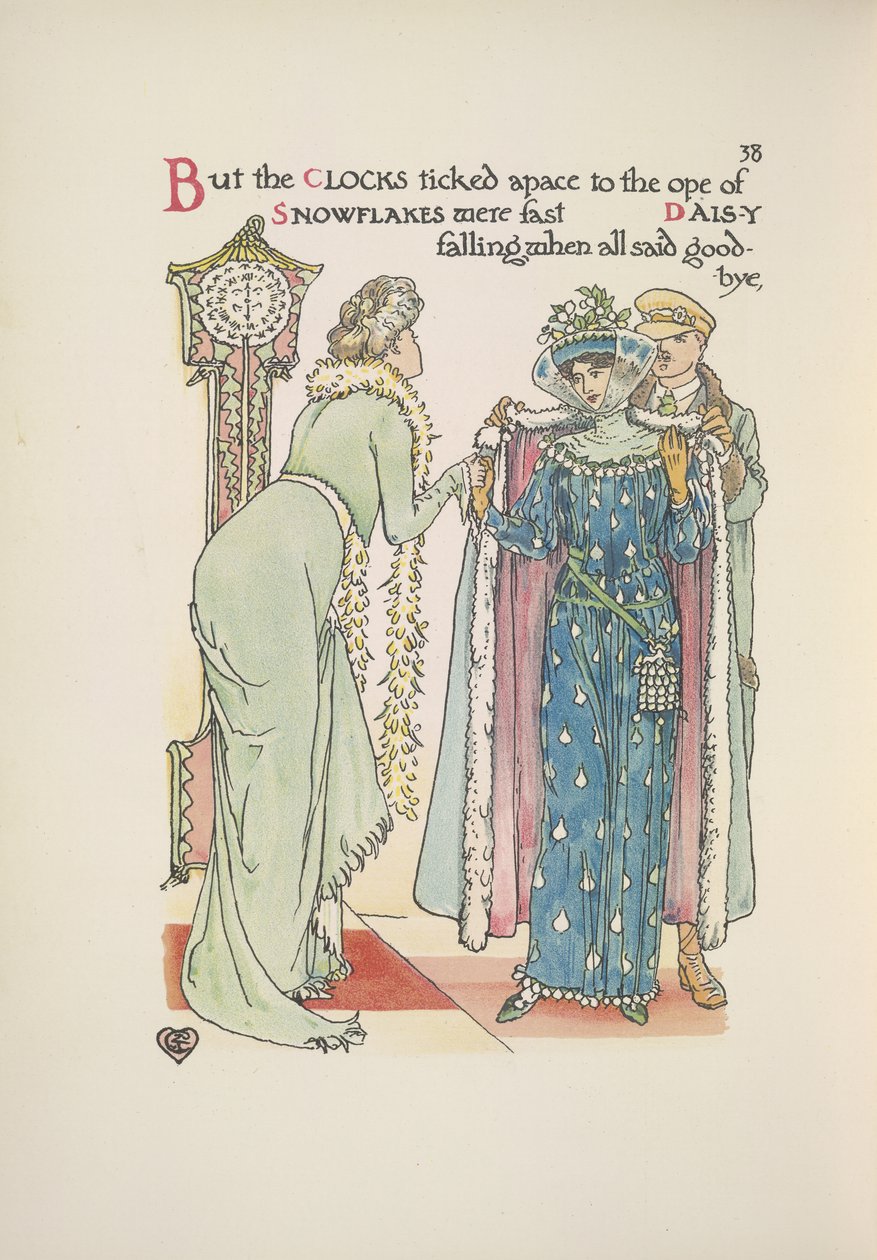 Bryllupsgjester drar. En dame tar farvel; en mann som hjelper henne med frakken av Walter Crane