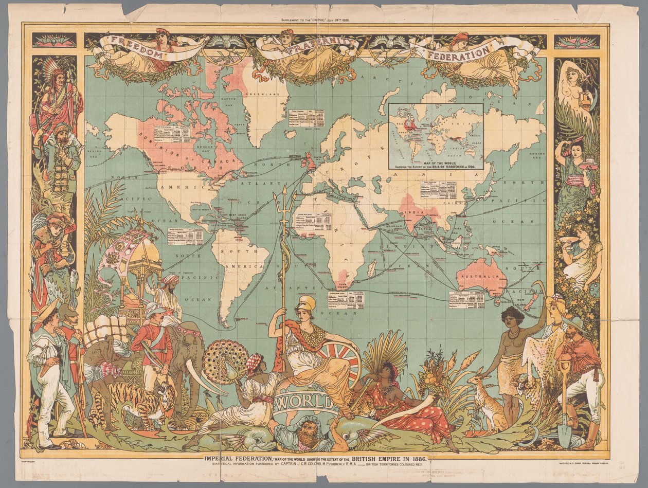 Verdenskart som viser det britiske koloniriket, 1886 Imperial Federation, kart over verden som viser omfanget av det britiske imperiet i 1886 (tittel på objekt) av Walter Crane
