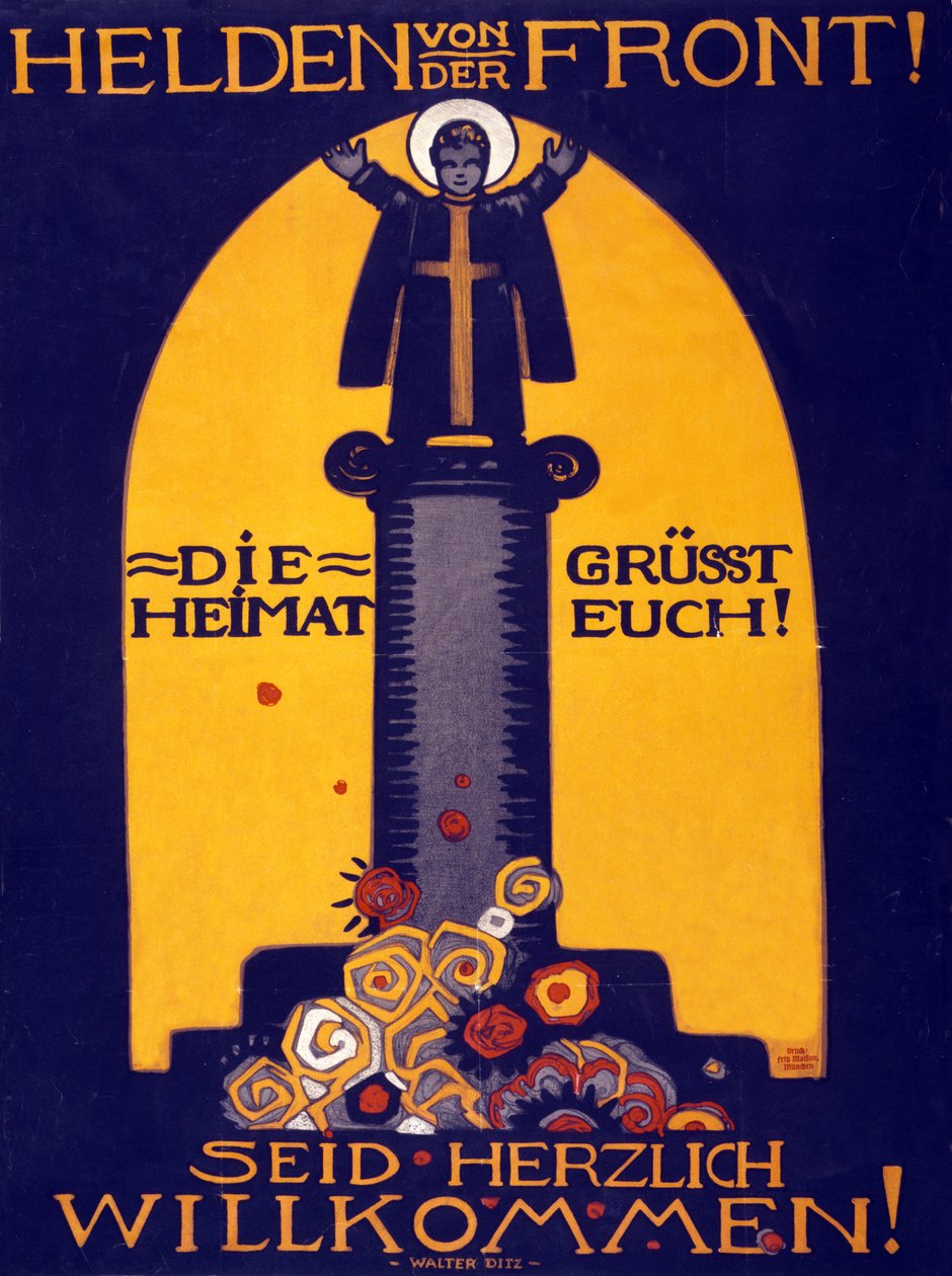 Tyske WWI-plakathelter fra fronten, hjemlandet hilser deg! Velkommen pub. 1915 (fargelitografi) av Walter Ditz