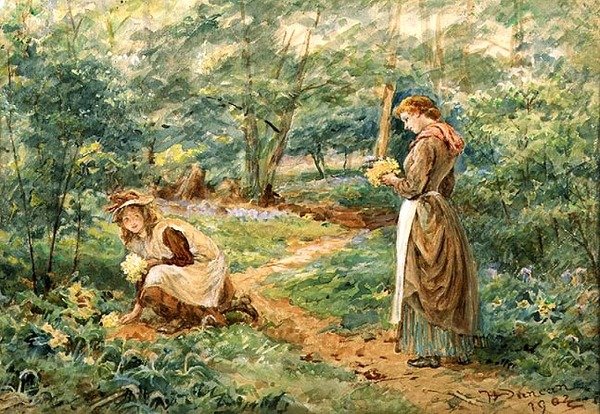 Jenter som plukker ville blomster av Walter Duncan