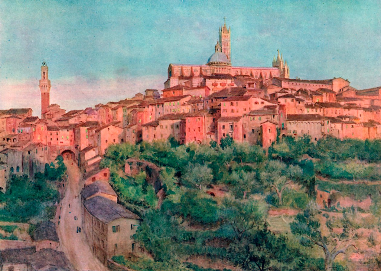 Siena: En by på en høyde (fargelitografi) av Walter Frederick Roofe Tyndale