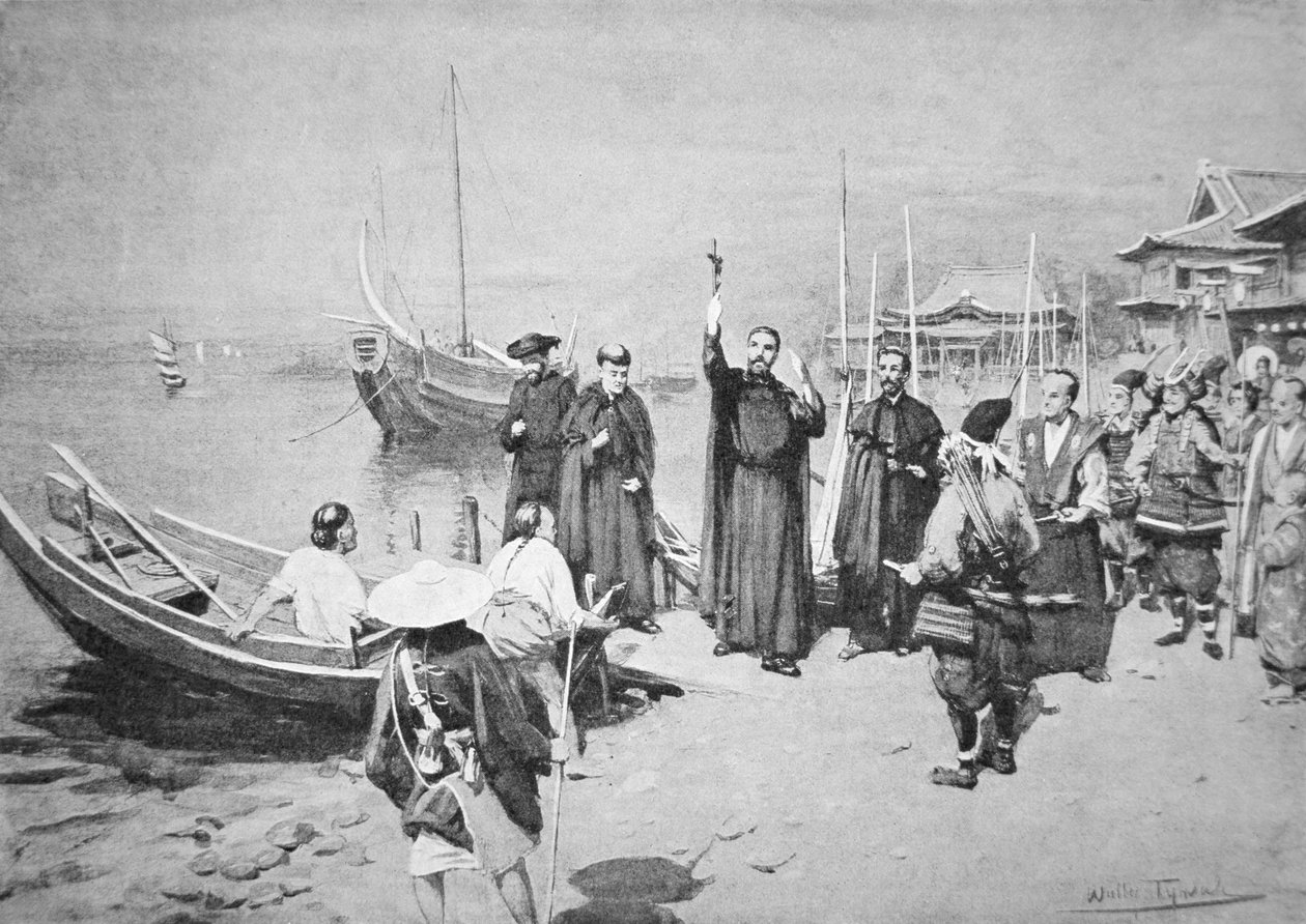 St. Francis Xaviers landing ved Kagoshima (litho) av Walter Frederick Roofe Tyndale