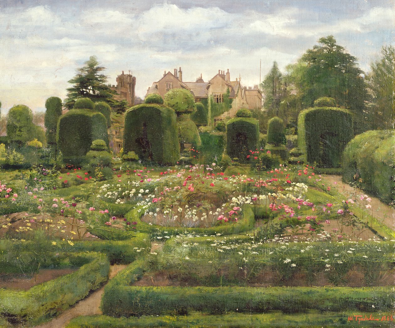 The Topiary Gardens, Levens Hall, Cumbria, 1886 (olje på lerret lagt om bord) av Walter Frederick Roofe Tyndale