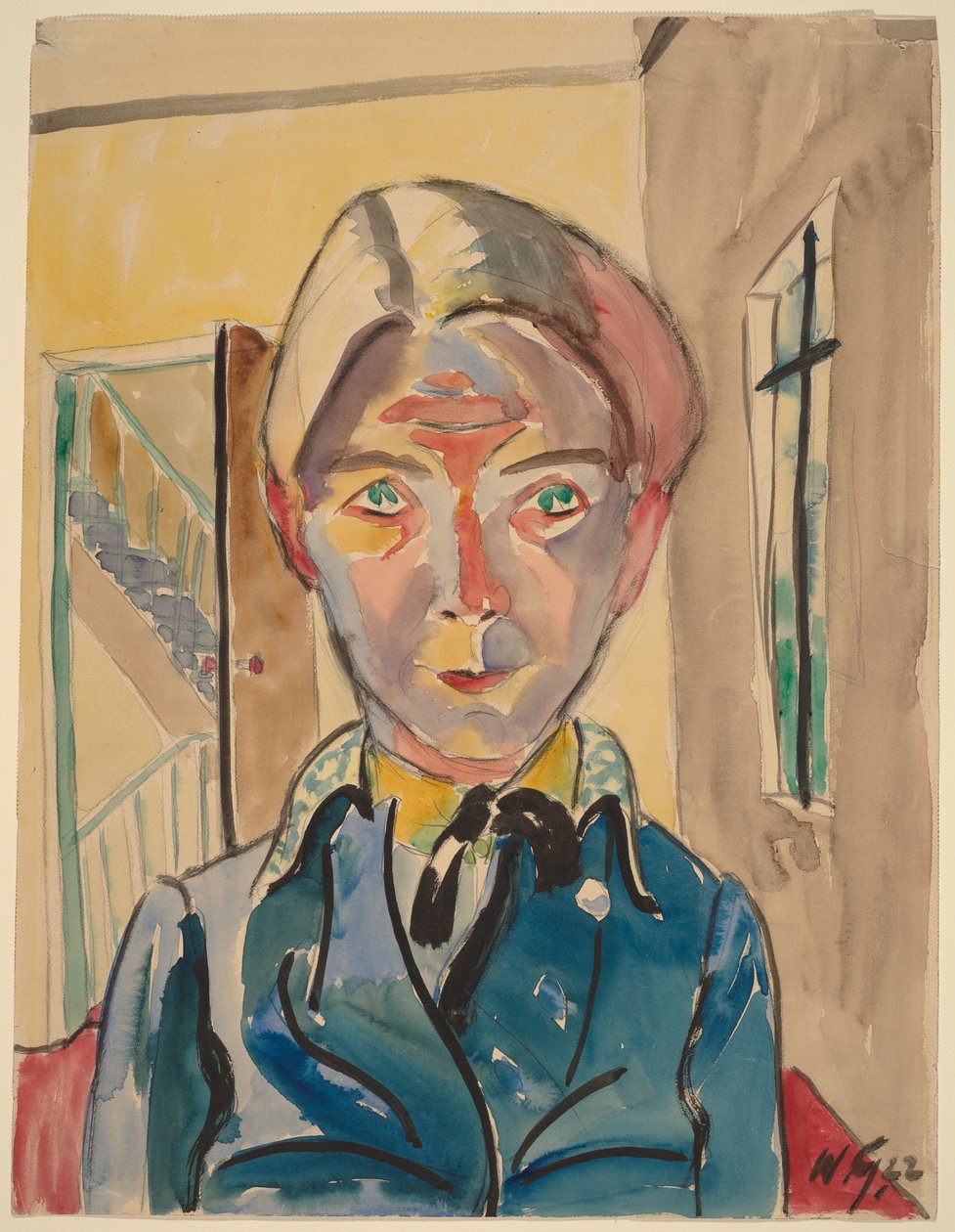 Selvportrett foran en trapp (selv foran trapp) av Walter Gramatte