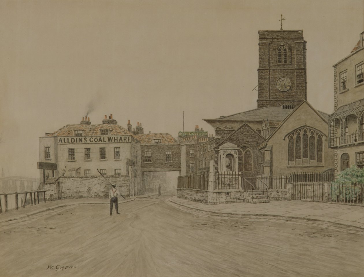 Alldins Coal Wharf og Chelsea Old Church, London (blyant og vask på papir) av Walter Greaves