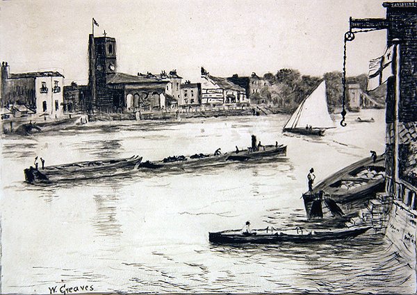 Chelsea Old Church fra Battersea (conte & vask på papir) av Walter Greaves