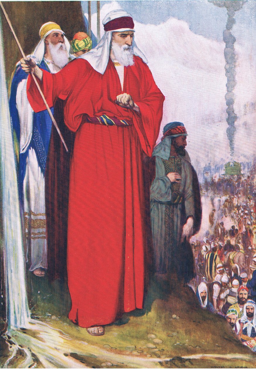 Smiting the rockat Meribah, fra The Bible Picture Book utgitt av Thomas Nelson, ca.1950 av Walter Grieve