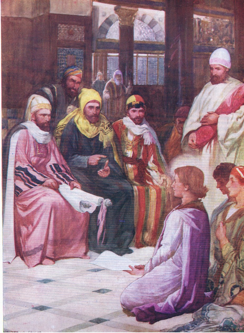 Gutten Jesus i templet, fra The Bible Picture Book utgitt av Thomas Nelson, ca.1950 av Walter Grieve