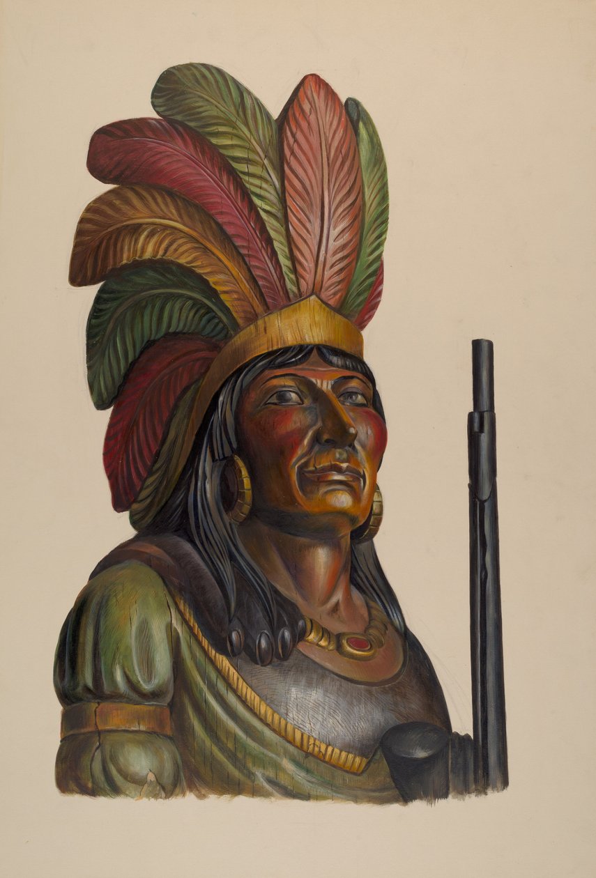 Cigar Store Indian, c. 1937.    1137098   no       norwegian Successfully Translated  Original: The Heliades were changed to poplar and Cycnos was transformed into a swan (Painting Translat: The Heliades were changed to poplar and Cycnos was transformed in av Walter Hochstrasser
