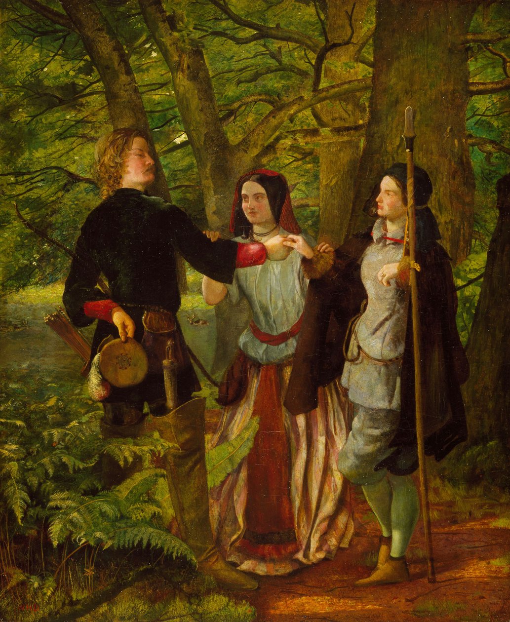 As You Like It - Act IV Scene I - Rosalind veileder Orlando i ekteskapsseremonien eller The Mock Marriage of Orlando and Rosalind, 1850 av Walter Howell Deverell