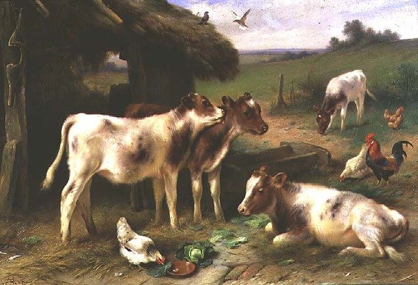 Kalver og fjærkre ved en låve i et landskap av Walter Hunt
