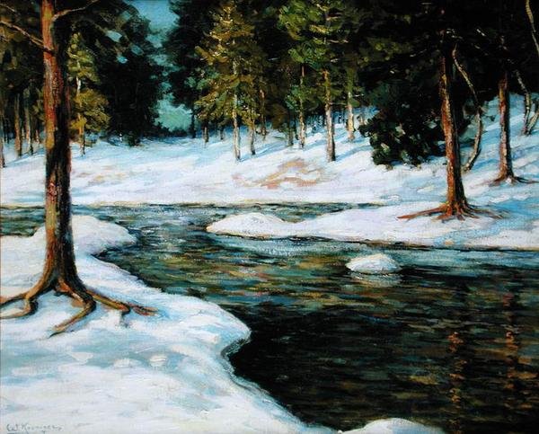 Et vinterlandskap (olje på lerret) av Walter Koeniger