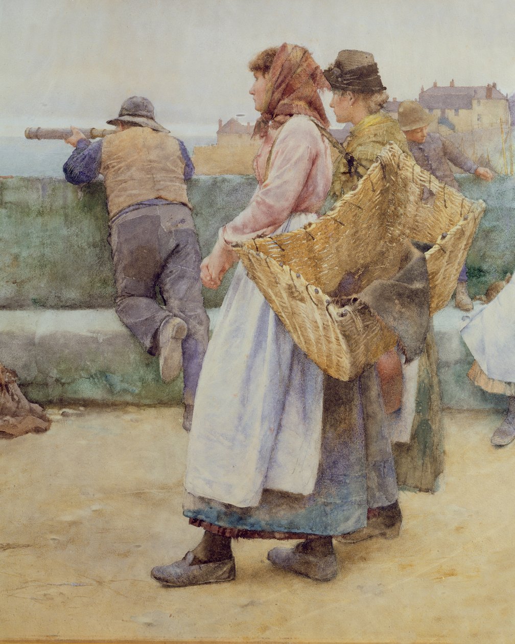 In a Cornish Fishing Village: Departure of the Fleet for the North, detalj av to fiskekoner, 1886 (wc) (detalj av 77635) av Walter Langley