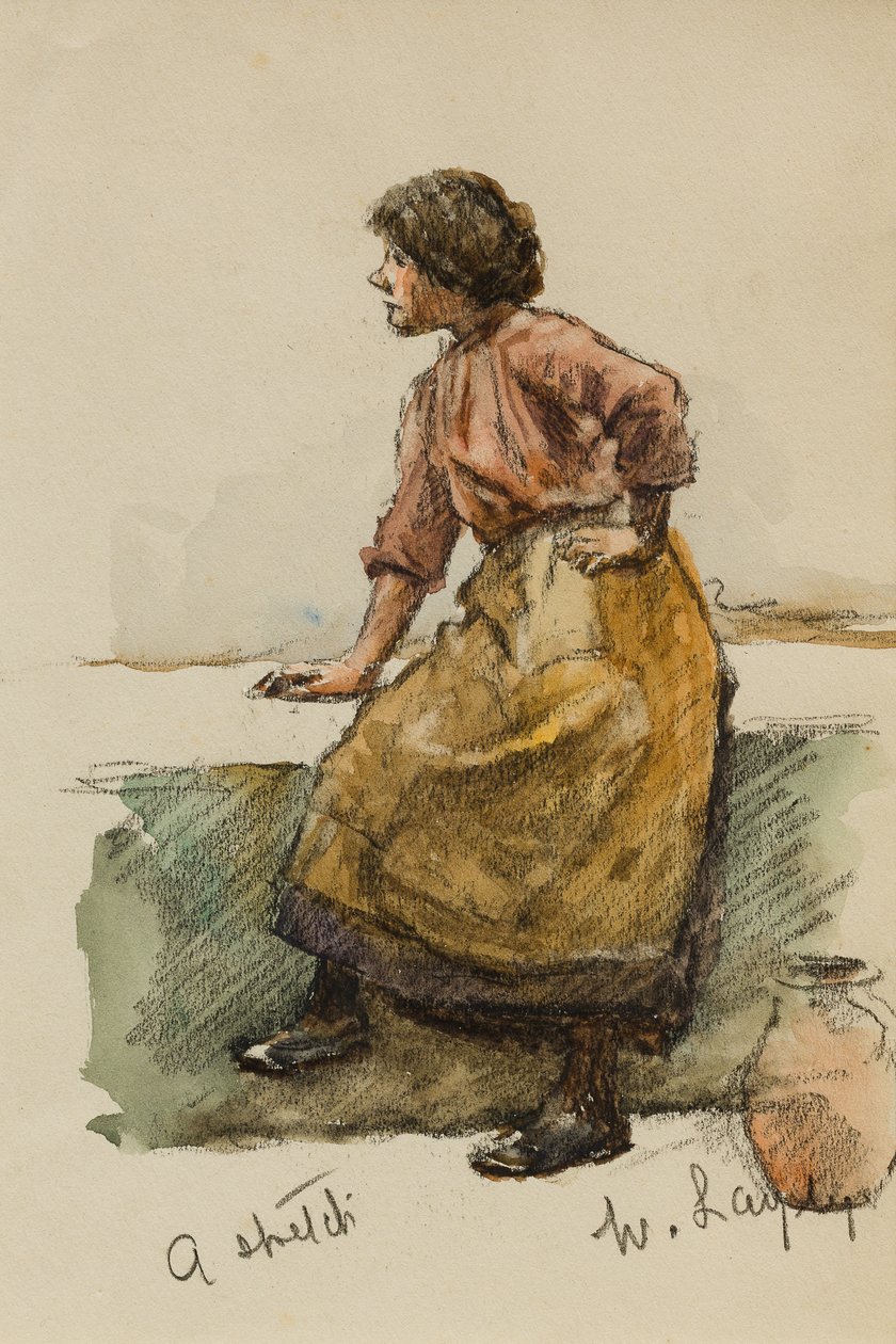 Studie av en jente på en havnemur (wc på papir) av Walter Langley