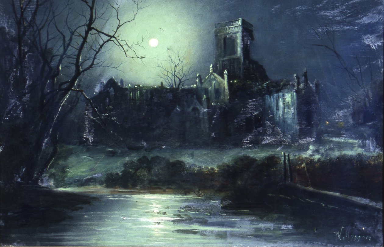 Kirkstall Abbey av Moonlight (olje på lerret) av Walter Linsley Meegan