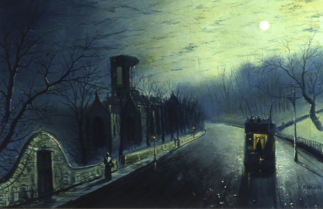 Kirkstall Abbey av Moonlight (olje på lerret) av Walter Linsley Meegan