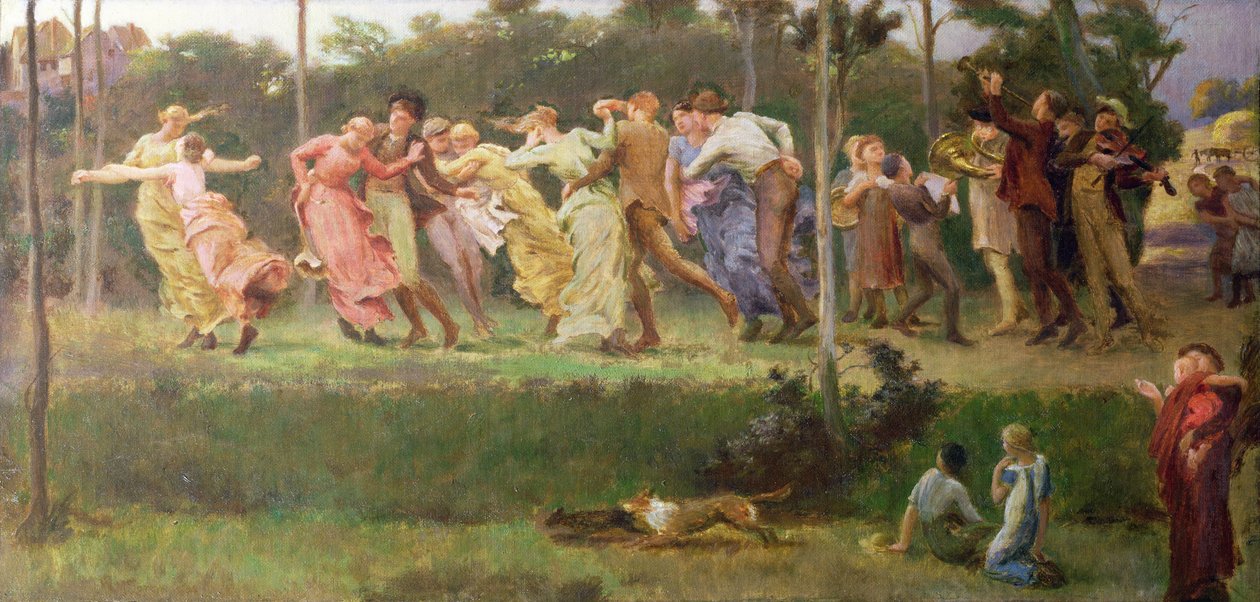 A Harvest Dance, 1904 (olje på lerret lagt om bord) av Walter Mclaren