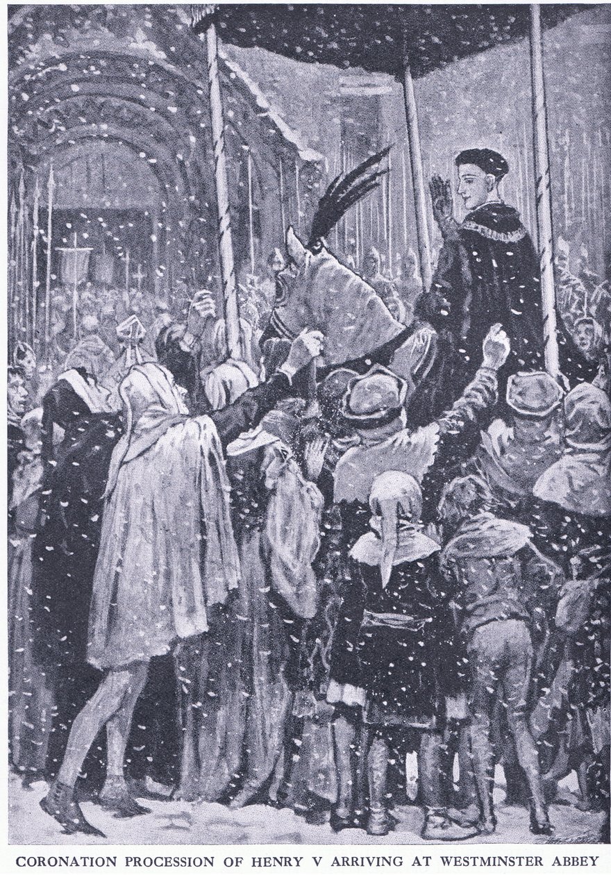 Kroningsprosesjon av Henry V som ankommer Westminster Abbey 1413, fra Cassells History of the British People utgitt av Waverley Book Company Limited, ca. 1940 av Walter Paget