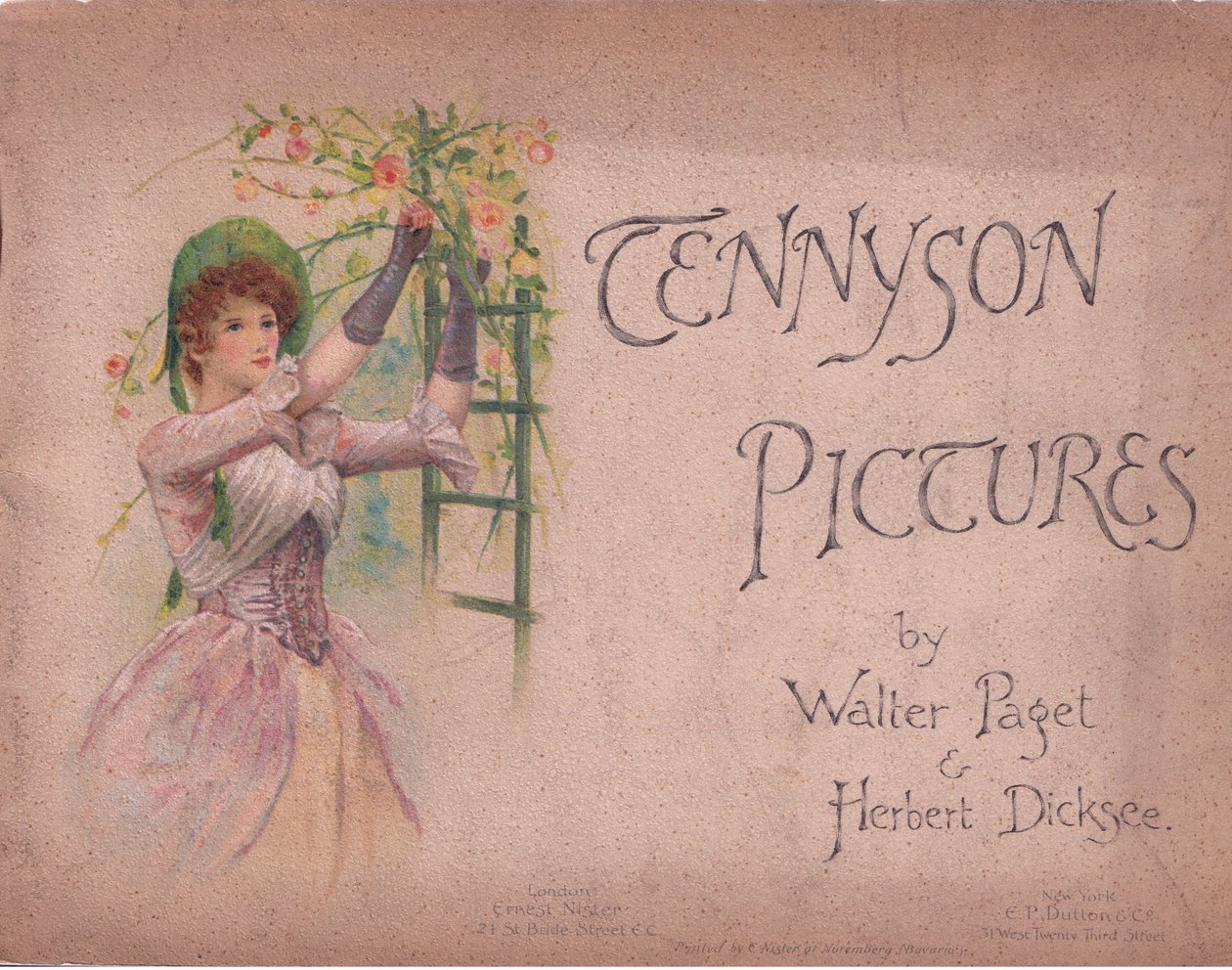 Forsidedesign (The May Queen), illustrasjon fra Tennyson Pictures utgitt av E P Dutton & Co, ca. 1900 (farge litho) av Walter Paget