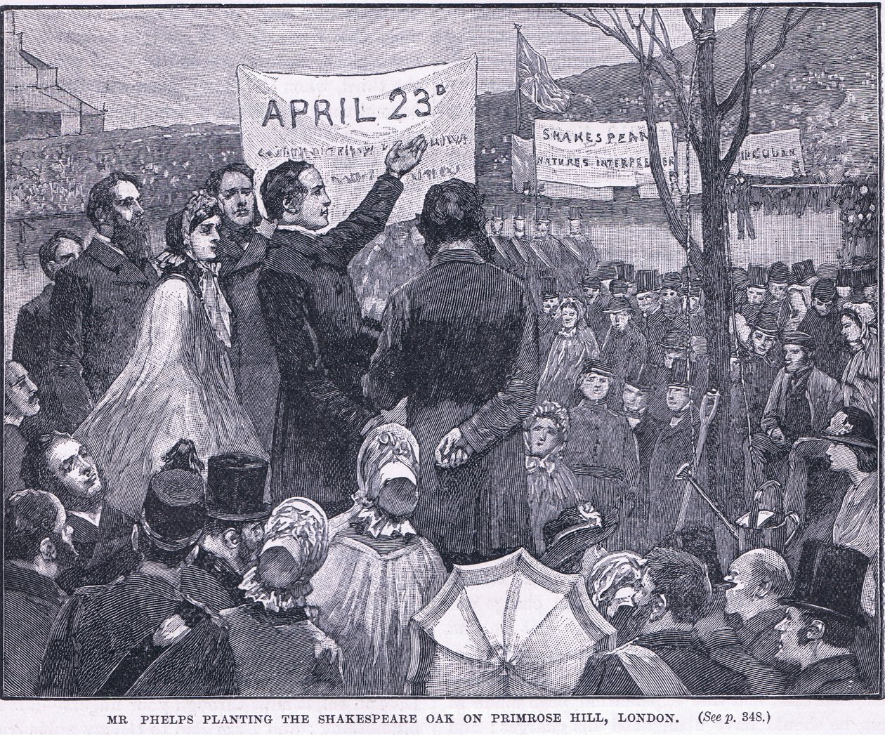 Mr Phelps planter Shakespeare Oak på Primrose Hill, London 1864 e.Kr av Walter Paget