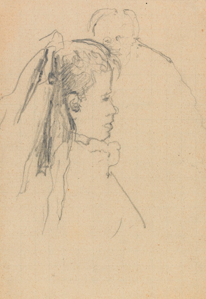 Hode og byste av en jente i profil til høyre, hodet til en mann, helt foran, bak (grafitt på papir) av Walter Richard Sickert