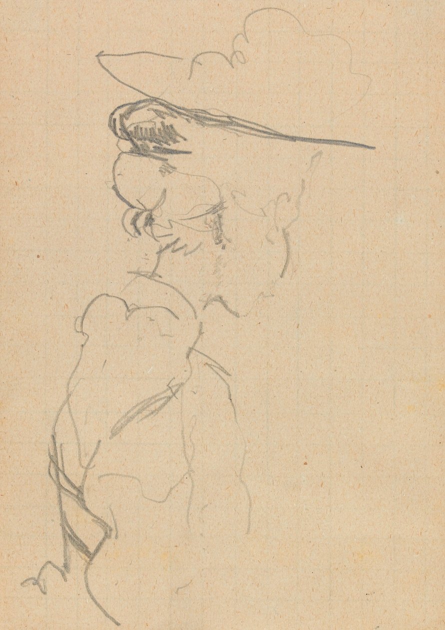 Hode og skuldre til en kvinne i hatt, i tapt profil, til høyre (grafitt på papir) av Walter Richard Sickert