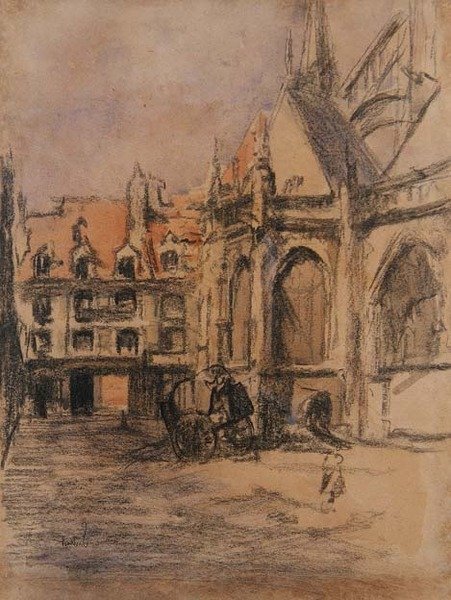Rue Sainte Catherine og de gamle arkadene, Dieppe, ca. 1900 (kull og akvarell) av Walter Richard Sickert
