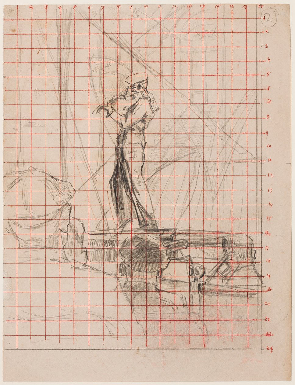 Fiolinisten, 192223 (blyant på papir firkantet for overføring med rødt blekk) av Walter Richard Sickert
