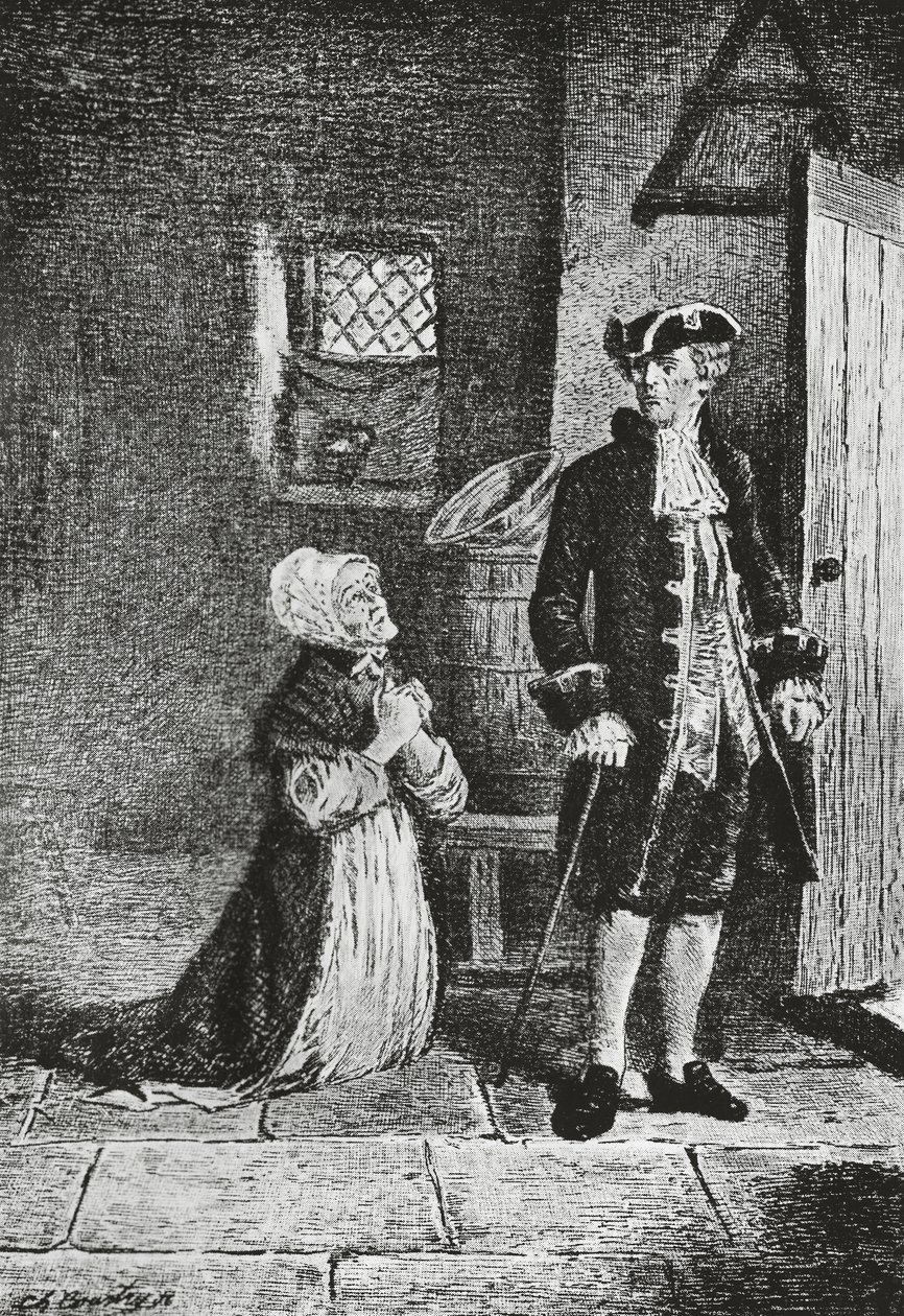 Elspeth og Lord Glenallan, illustrasjon for Antiquary, historisk roman av Walter Scott (1771-1832), gravering av Walter Scott