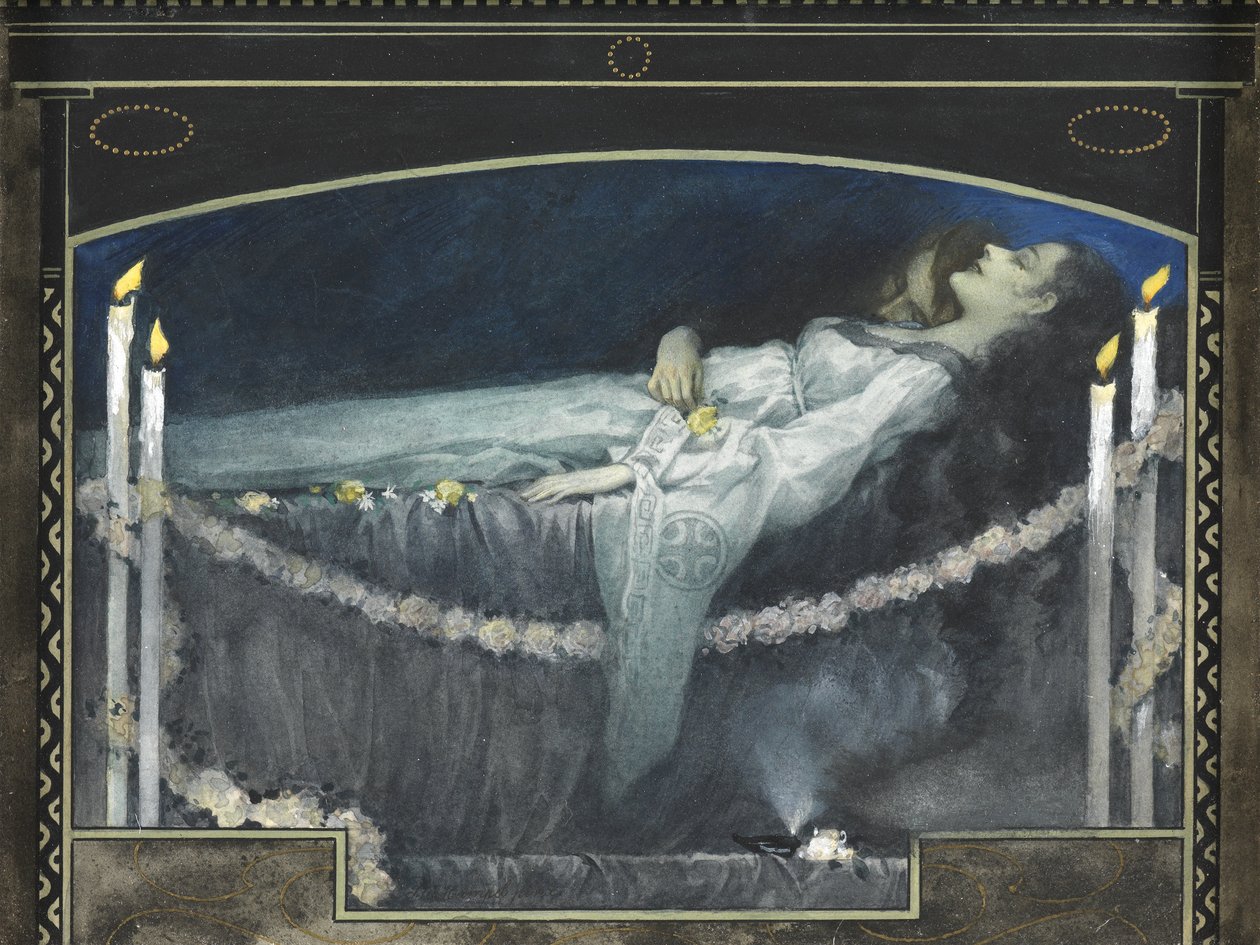 Romeo og Julie (akvarell med kroppsfarge og gull på papir) av Walter Sigmund Hampel