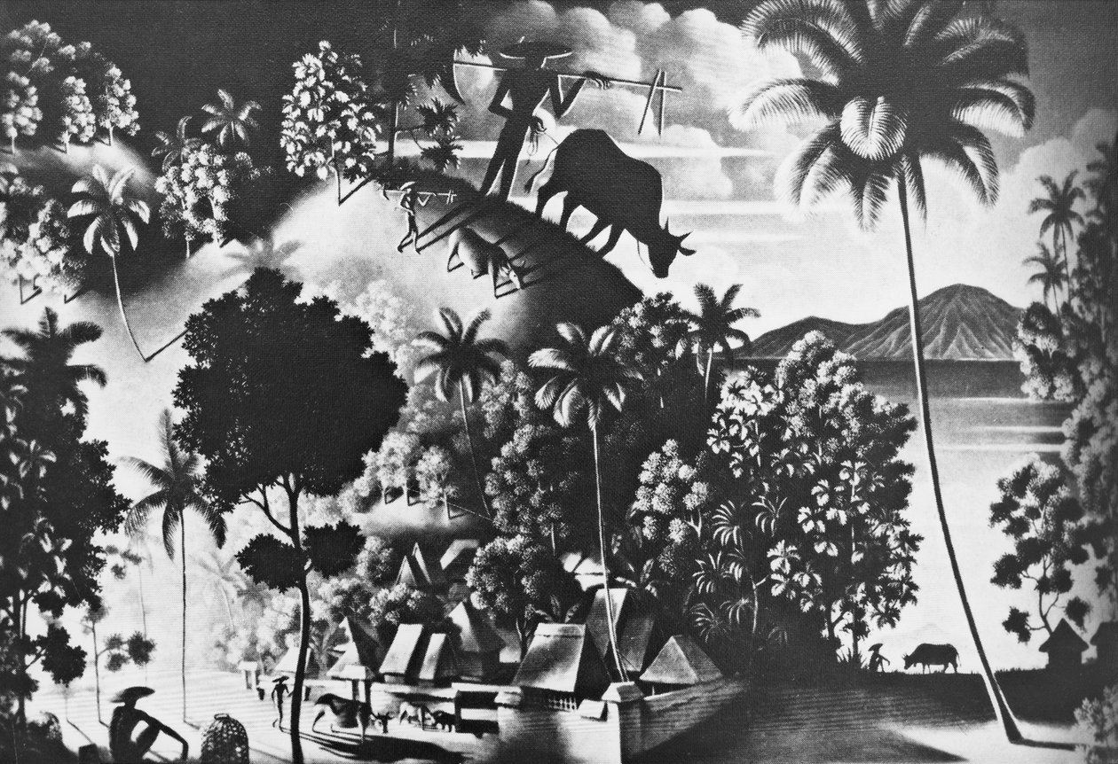 Landskap med kus skygge (Landschaft mit Shattenkuh) av Walter Spies