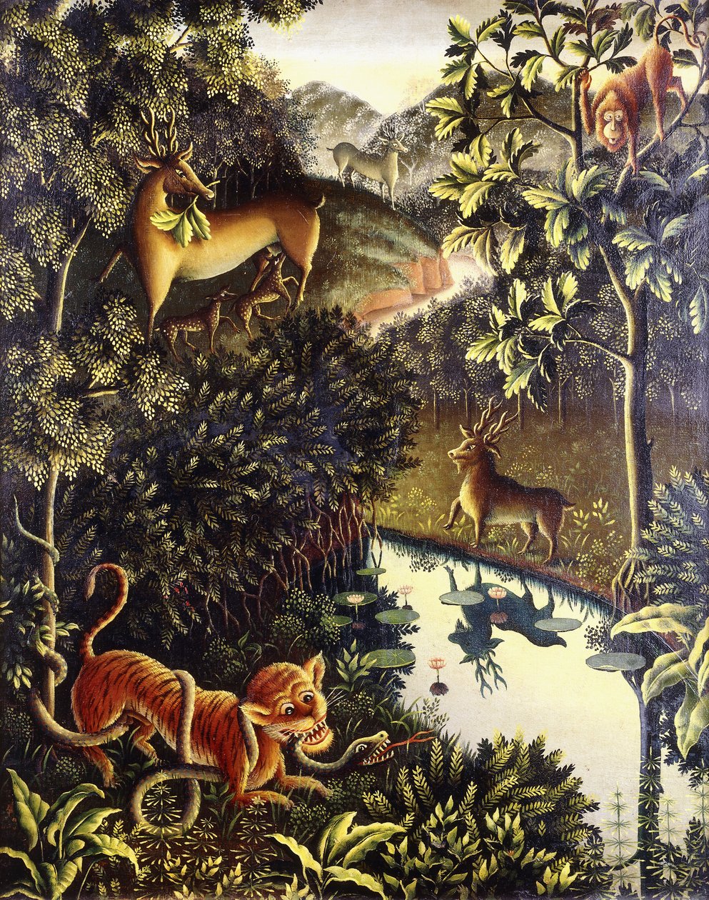 Tierfabel: Tiger and Snake in Combat in a Primeval Forest av Walter Spies