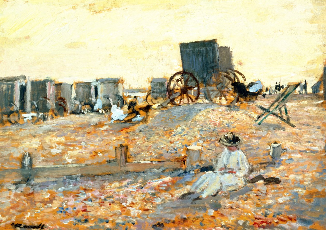Strandscene (olje på panel) av Walter Westley Russell