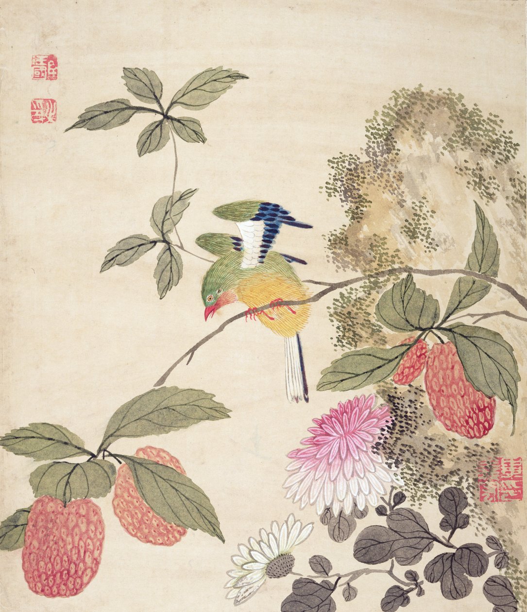 Et av en serie malerier av fugler og frukt, sent på 1800-tallet av Wang Guochen