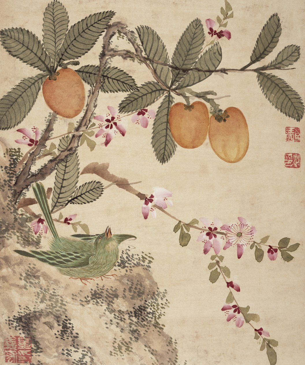 Et av en serie malerier av fugler og frukt, sent på 1800-tallet av Wang Guochen