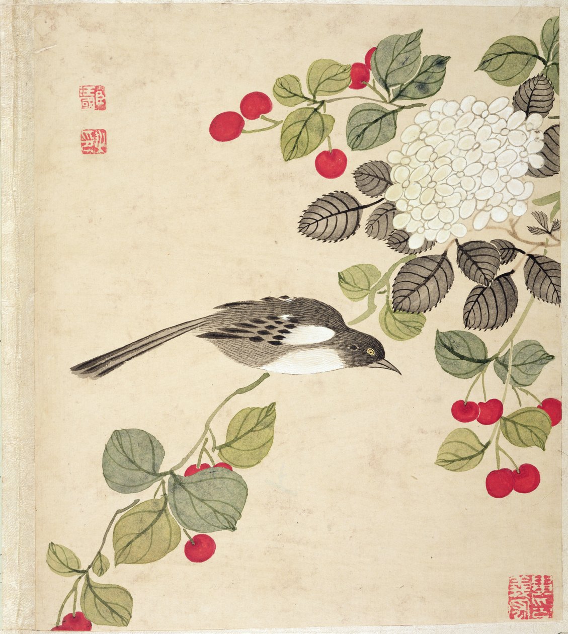 Et av en serie malerier av fugler og frukt, sent på 1800-tallet av Wang Guochen