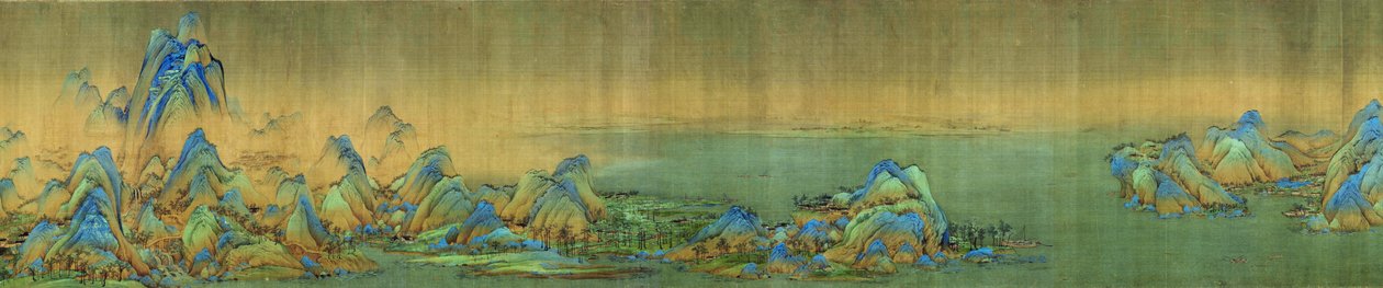 A Thousand Li of Rivers and Mountains, detalj, ca. 1113 (blekk og farge på stoff) av Wang Ximeng