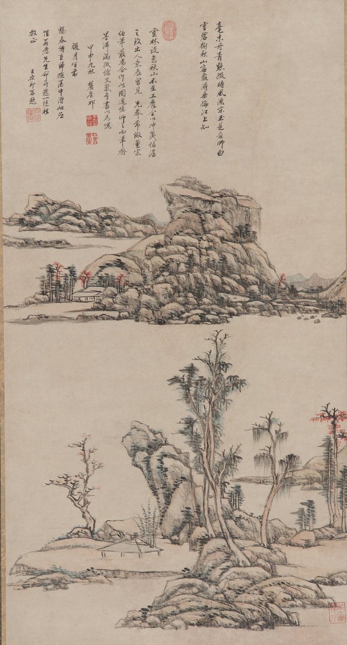 Høstfjell i stil med Ni Zan, Qing-dynastiet, 1704 (blekk og farge på papir) av Wang Yuanqi
